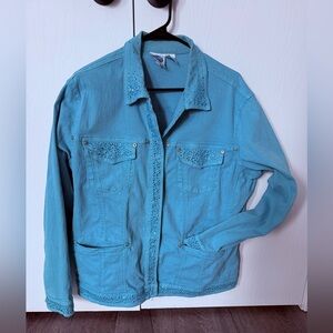 DG2 SZ LWomen's turquoise Jacket. Denim look with rhinestone embellishments